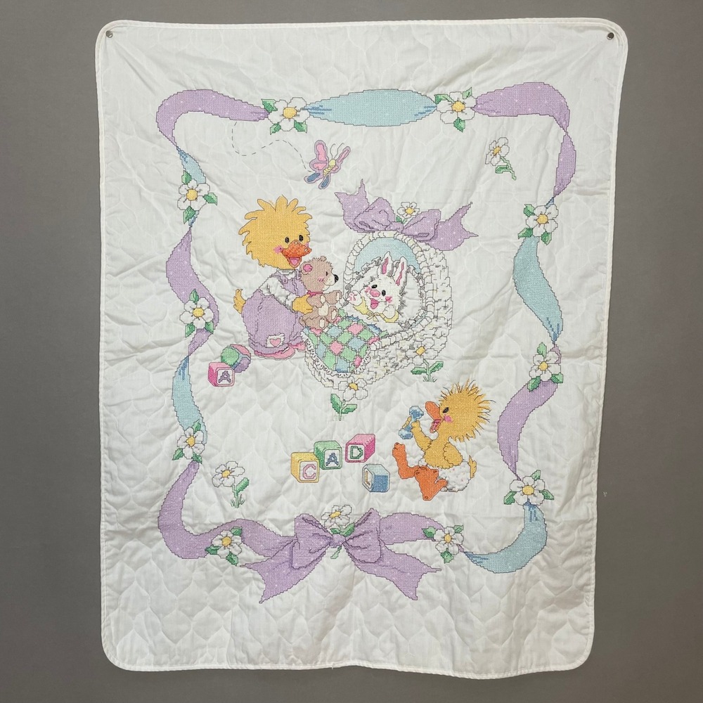 Vintage Suzy's Zoo Baby Blanket Cross Stitch Quilted Nursery Animals Bunny Duck